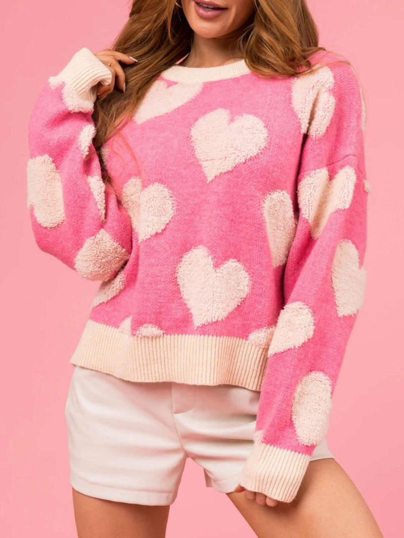 Hazel Blues® |  Valentine’s Day Fuzzy Heart Round Neck Long Sleeve Sweater