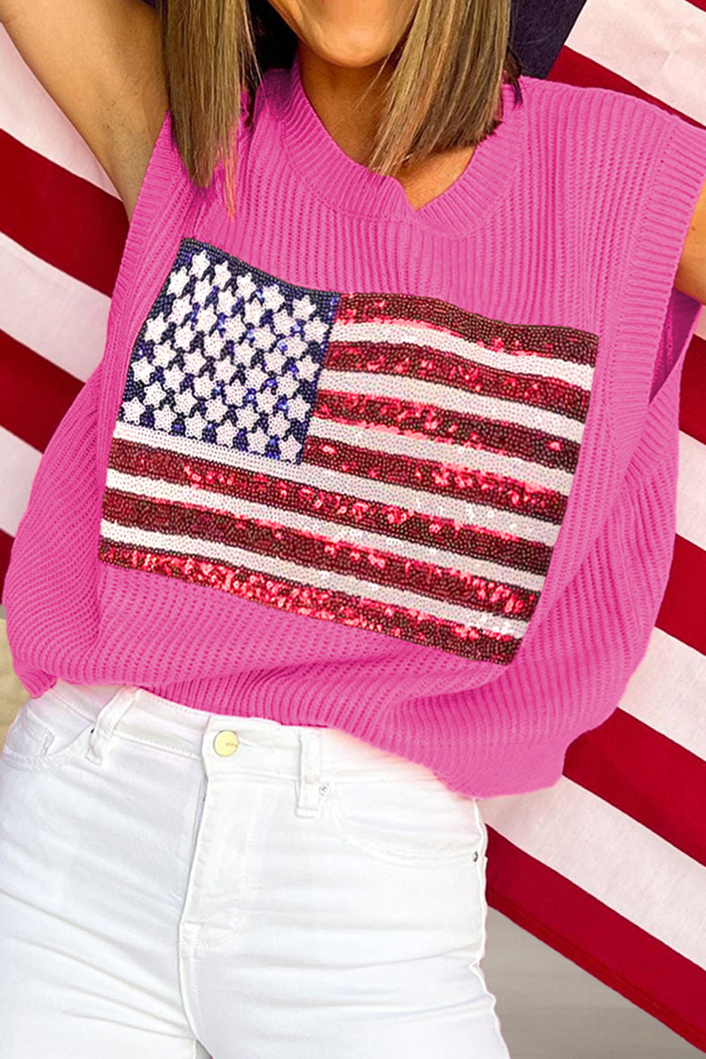 Hazel Blues® |  Sequin US Flag Round Neck Sweater Vest