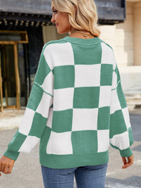 Hazel Blues® |  Checkered Round Neck Long Sleeve Sweater