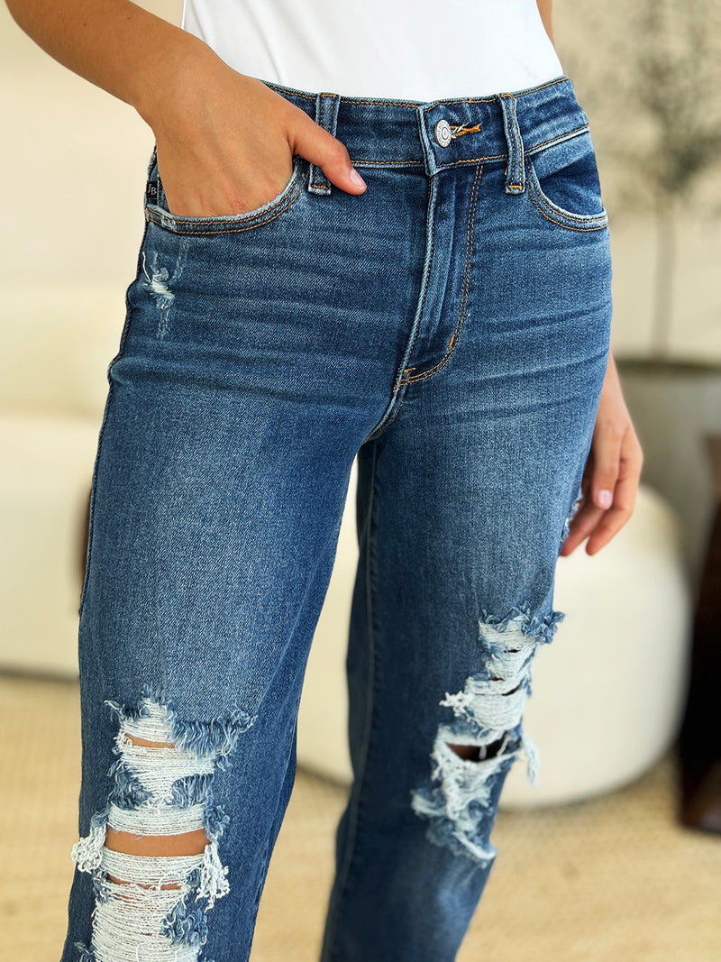 Hazel Blues® |  Judy Blue Mid Rise Distressed Raw Hem Jeans