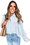 Hazel Blues® |  Sky Blue Stripe Shirred Detail Half Placket Collared Long Sleeve Fall Shirt