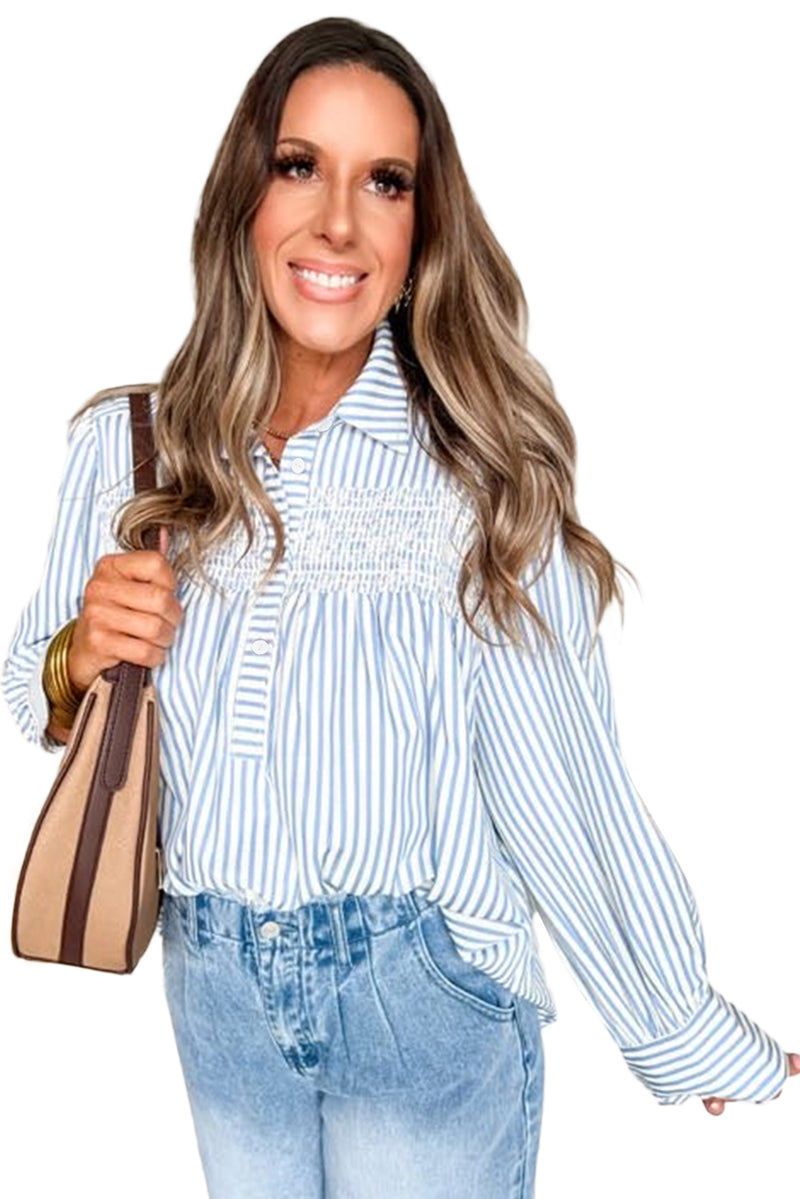Hazel Blues® |  Sky Blue Stripe Shirred Detail Half Placket Collared Long Sleeve Fall Shirt