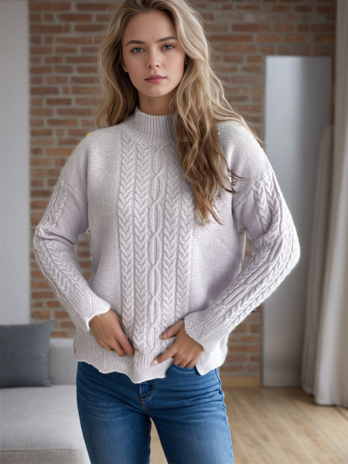 Hazel Blues® |  Cable-Knit Mock Neck Dropped Shoulder Sweater