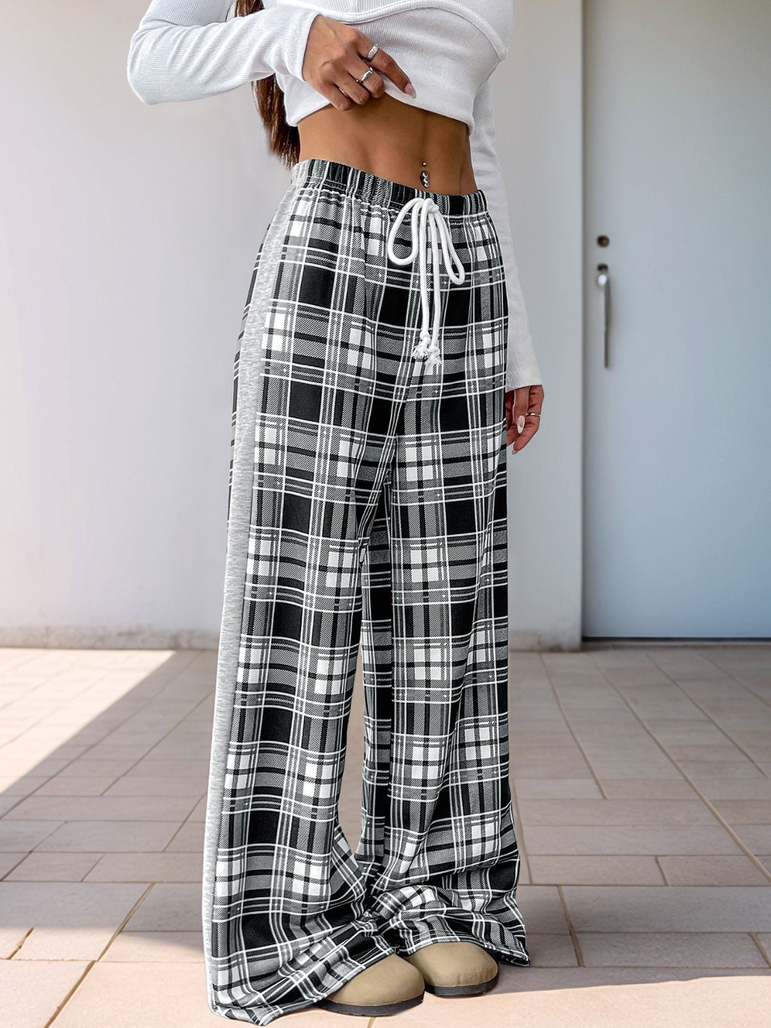 Hazel Blues® |  Perfee Drawstring Plaid Wide Leg Pants