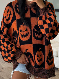 Hazel Blues® |  Exposed Seam Pumpkin Round Neck Long Sleeve Sweater