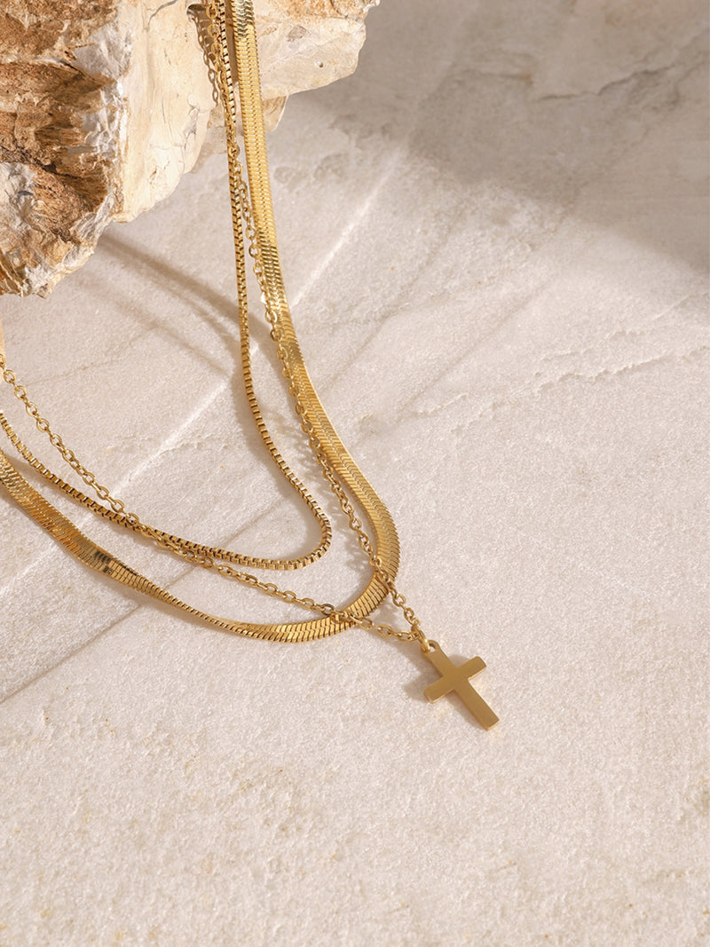 Hazel Blues® |  18K Gold-Plated Three-Layered Cross Necklace