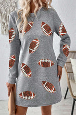 Hazel Blues® |  Gray Sequin Football Graphic Textured Long Sleeve Shift Mini Dress