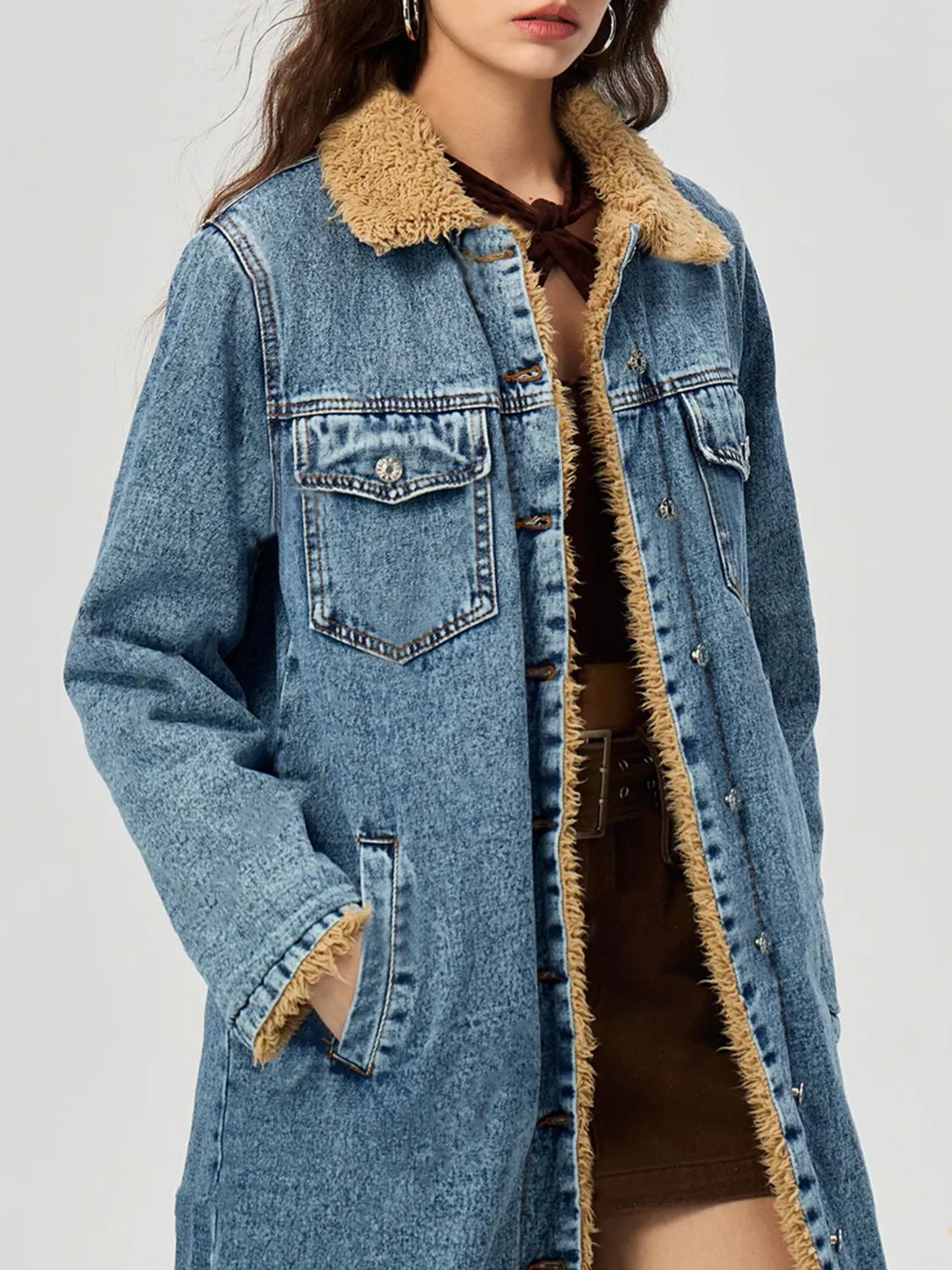 Hazel Blues® |  Pocketed Button Up Denim Jacket with Fur Lining