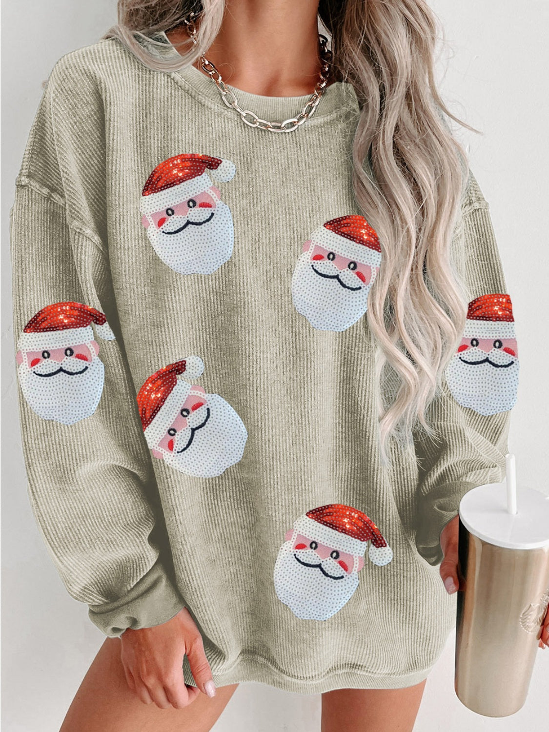 Hazel Blues® |  Sequin Santa Patch Ribbed Sweatshirt