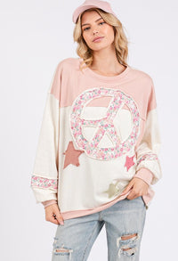 Hazel Blues® |  SAGE + FIG Peace & Star Patch Contrast Round Neck Sweatshirt