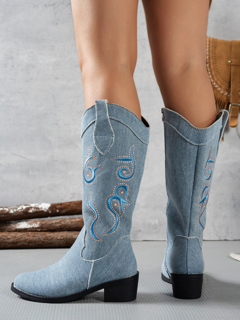 Hazel Blues® |  Embroidered Point Toe Block Heel Boots