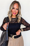 Hazel Blues® |  Black Lace Crochet Mesh Patched Slim Fit Long Sleeve Top