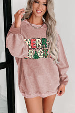 Hazel Blues® |  Pink MERRY and BRIGHT Christmas Tree Print Ribbed Sweatshirt