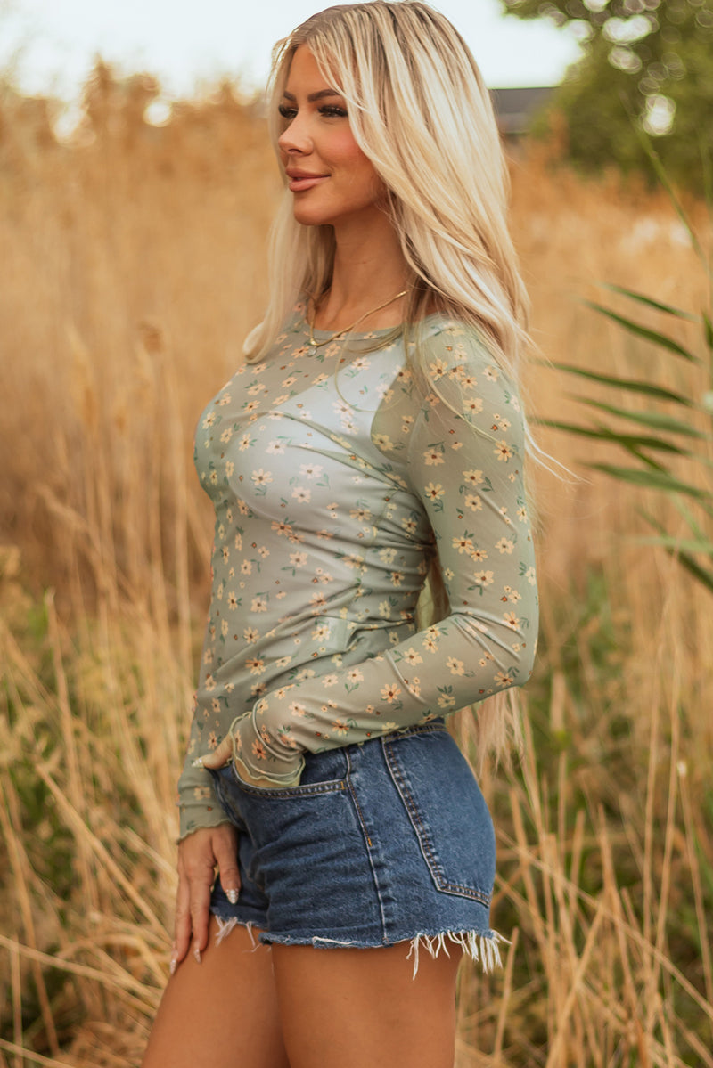 Hazel Blues® |  Laurel Green Vintage Floral Print Southern Style Mesh Long Sleeve Top
