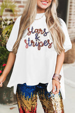 Hazel Blues® |  White Sequin stars & stripes Graphic Drop Shoulder Loose T Shirt