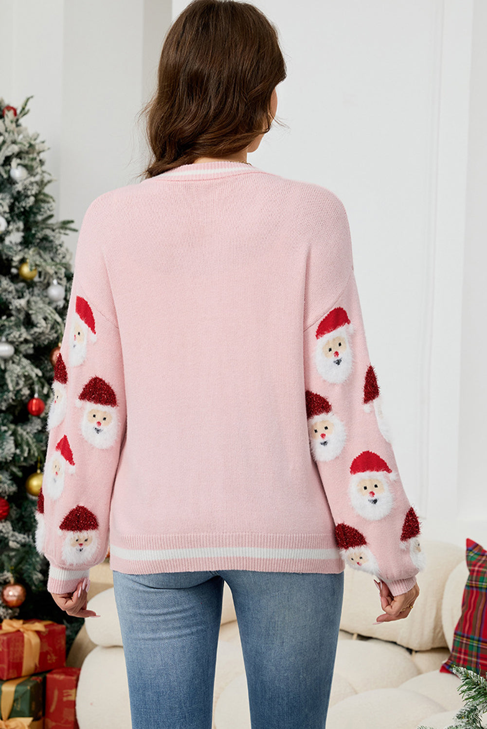 Pink Christmas Santa Claus Pattern Button V-Neck Sweater Cardigan