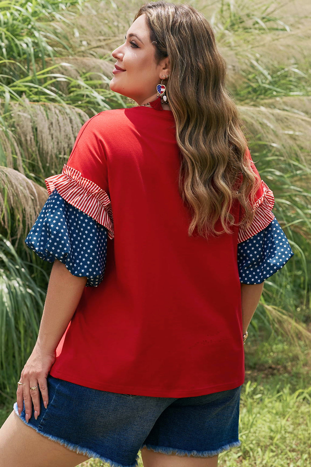 Striped Ruffles Star Short Bubble Sleeve Patchwork Top | Striped Ruffle Patchwork Top