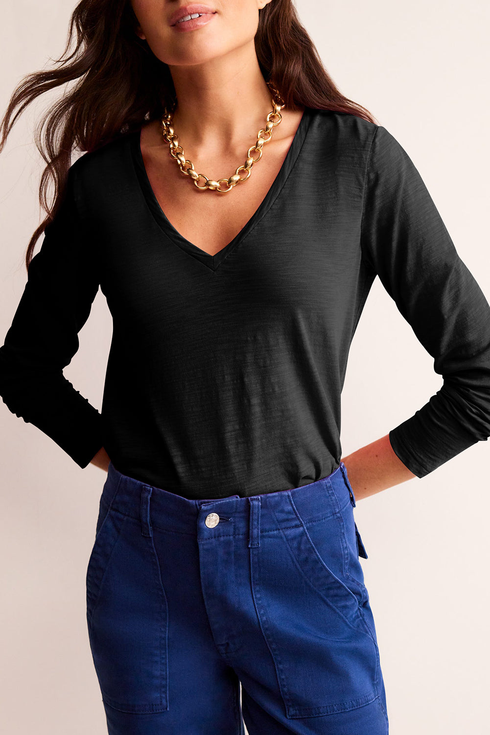 Hazel Blues® |  Black Solid Color V Neck Long Sleeve Stretchy Top