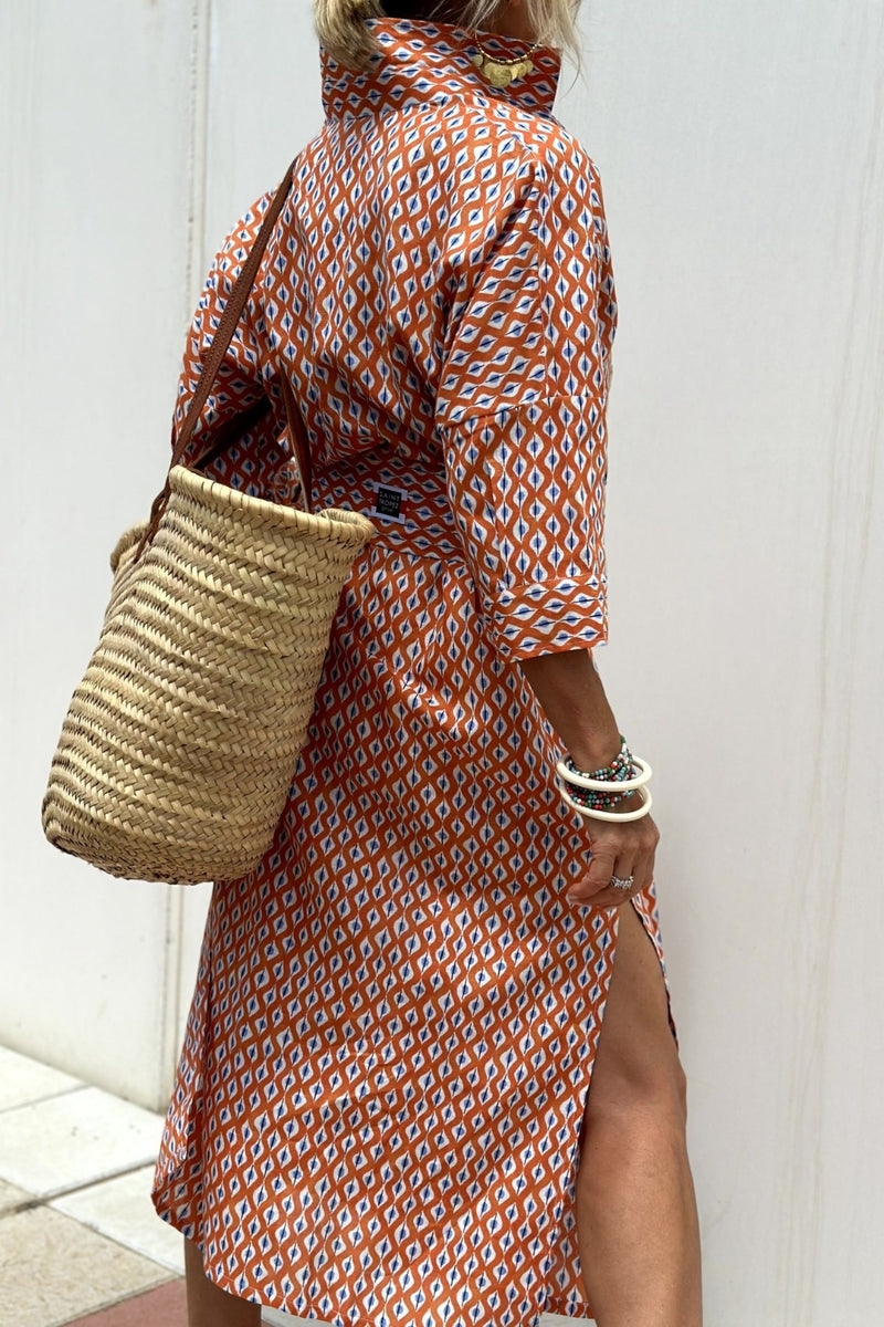 Hazel Blues® |  Slit Printed Collared Neck Three-Quarter Sleeve Midi Shirt Dress