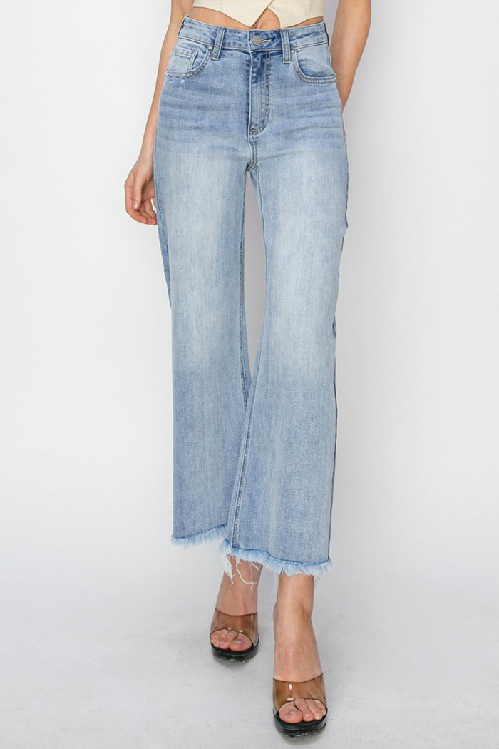 Hazel Blues® |  RISEN High Rise Crop Wide Fray Hem Jeans