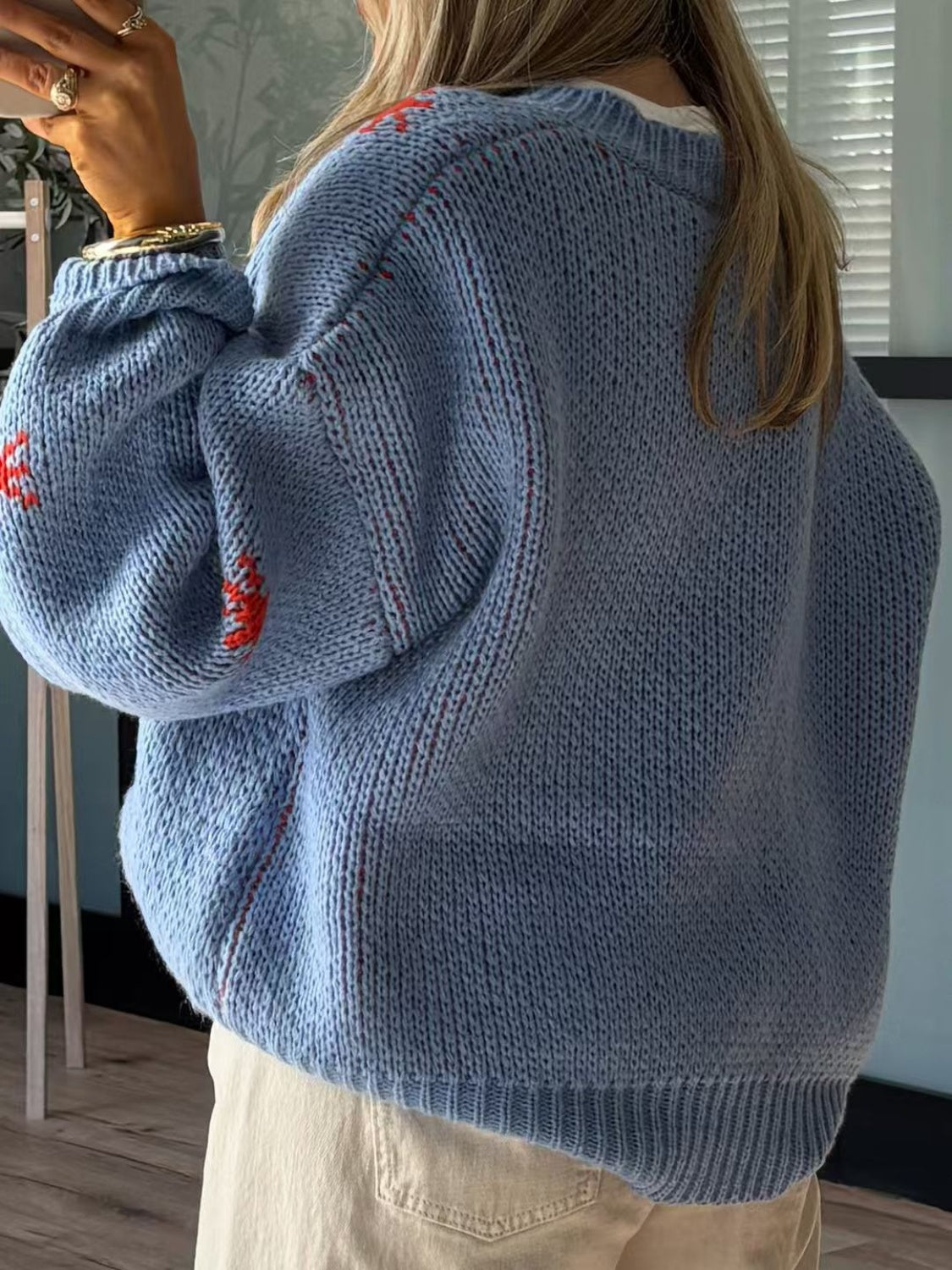 Hazel Blues® |  Boot Pattern Round Neck Dropped Shoulder Sweater