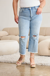 Hazel Blues® |  RFM Tummy Control High Waist Raw Hem Distressed Jeans