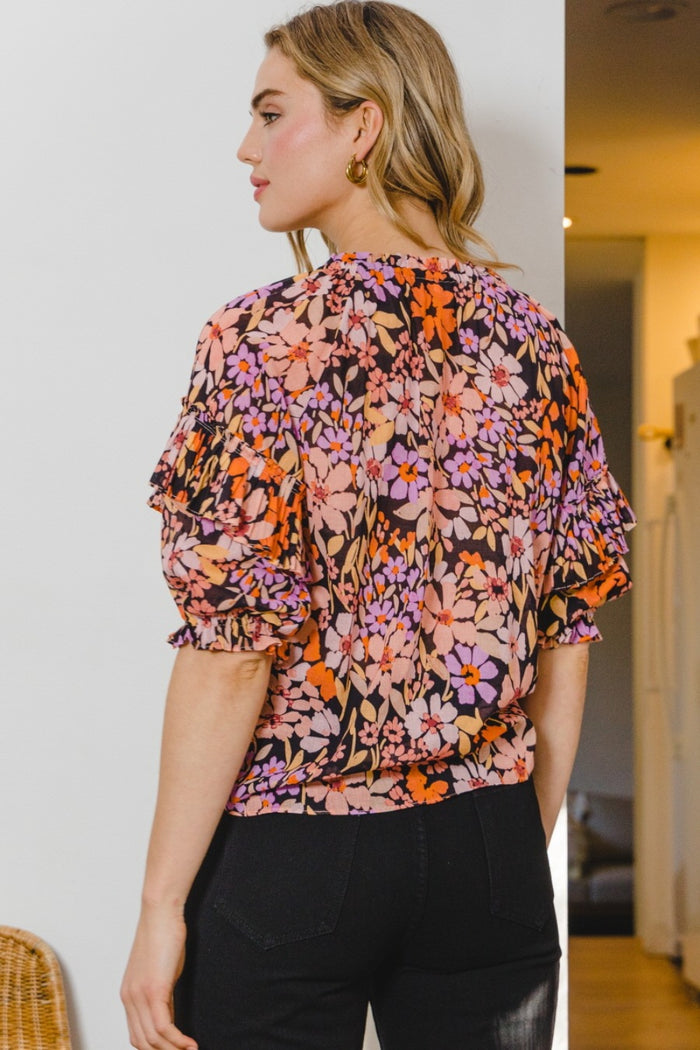 Hazel Blues® |  ODDI Floral Tie Neck Ruffled Blouse