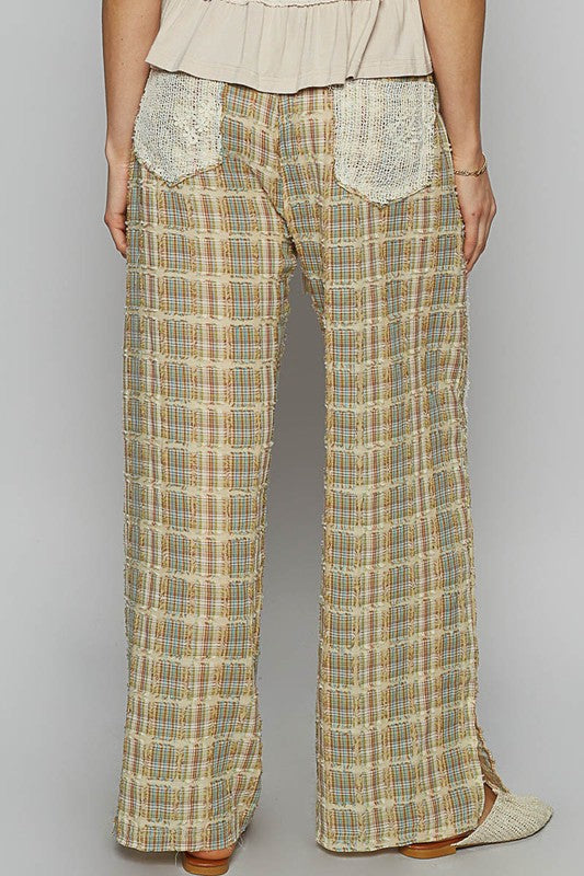 Hazel Blues® |  POL Lace Trim Drawstring Checkered Wide Leg Pants