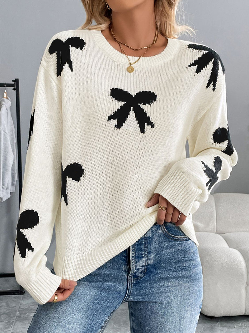 Hazel Blues® |  Perfee Bow Graphic Round Neck Long Sleeve Sweater