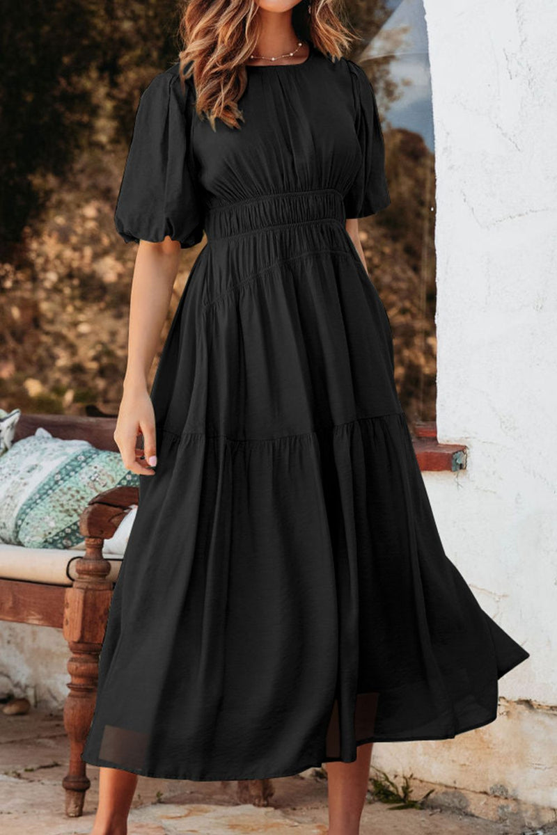 Hazel Blues | Puff Sleeve Pleated High Waist Flowy Midi Dress Hazel Blues | Puff Sleeve Pleated High Waist Flowy Midi Dress