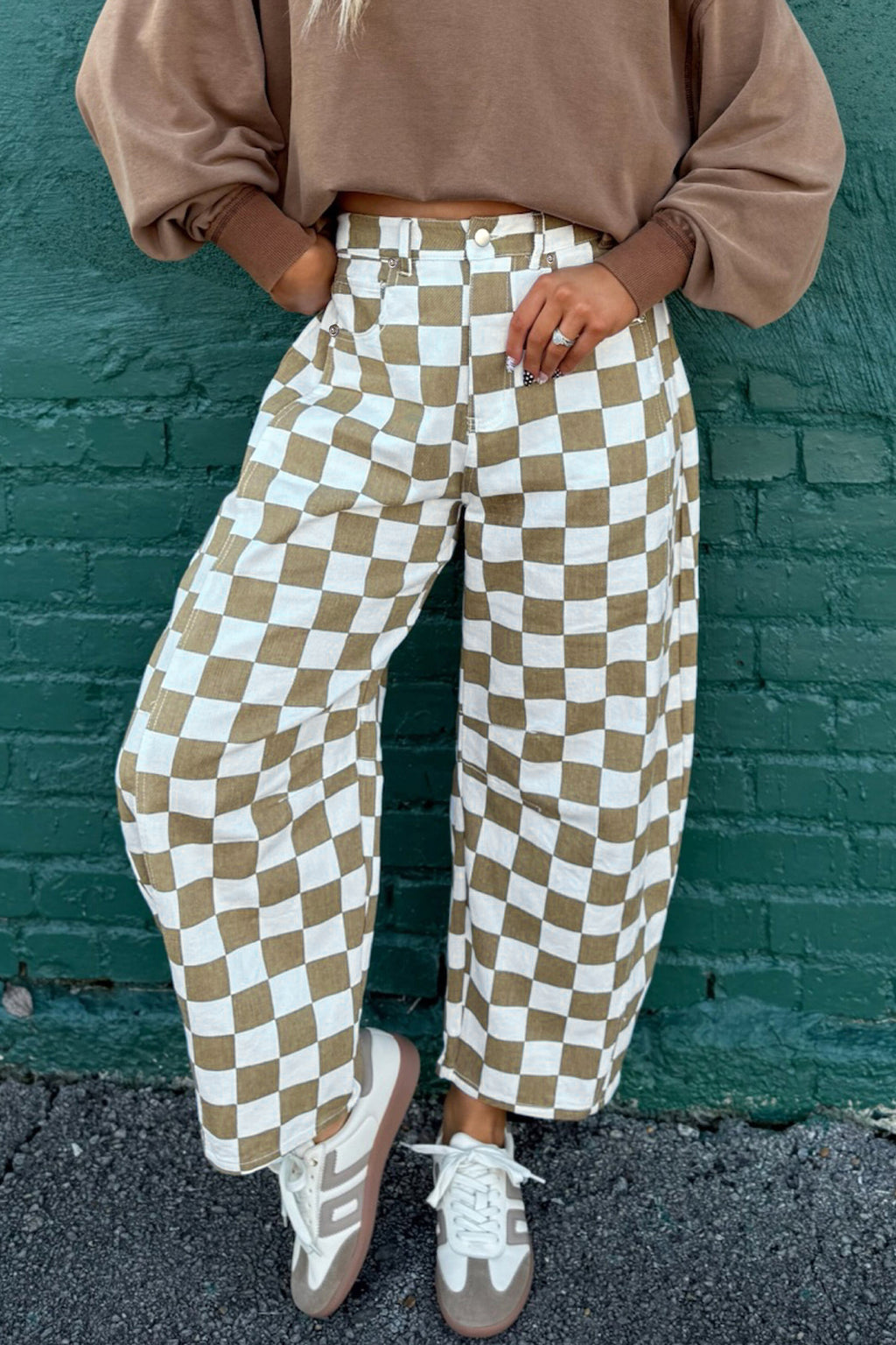 Hazel Blues® |  White Checkered Print Denim Barrel Pants