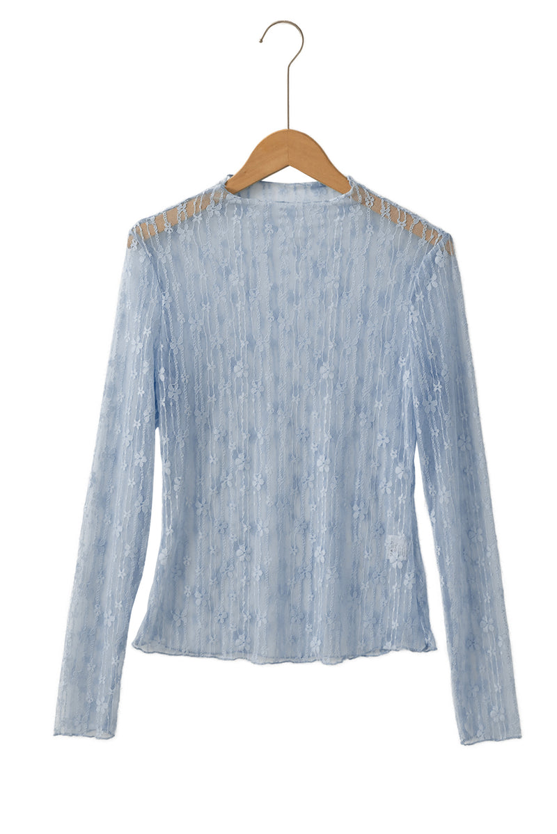 Hazel Blues® |  Ashleigh Blue Sheer Floral Lace Long Sleeve Slim Fit Top