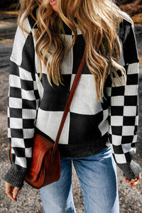 Hazel Blues® |  Checkered Round Neck Drop Shoulder Sweater