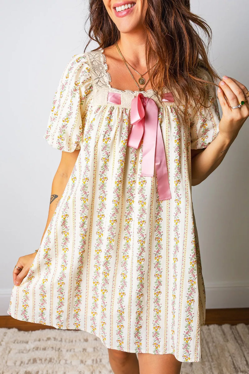 Hazel Blues | Multicolour Floral Print Contrast Ribbon Bow Lace Trim Square Neck Mini Dress Hazel Blues | Multicolour Floral Print Contrast Ribbon Bow Lace Trim Square Neck Mini Dress