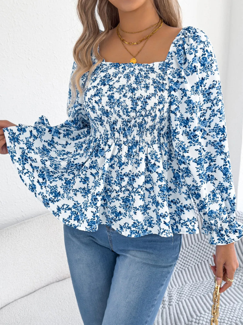 トップス Apolina Hazel Blouse Folk Floral Blue Floral Square Neck Flounce Sleeve Blouse – Hazel Blues®