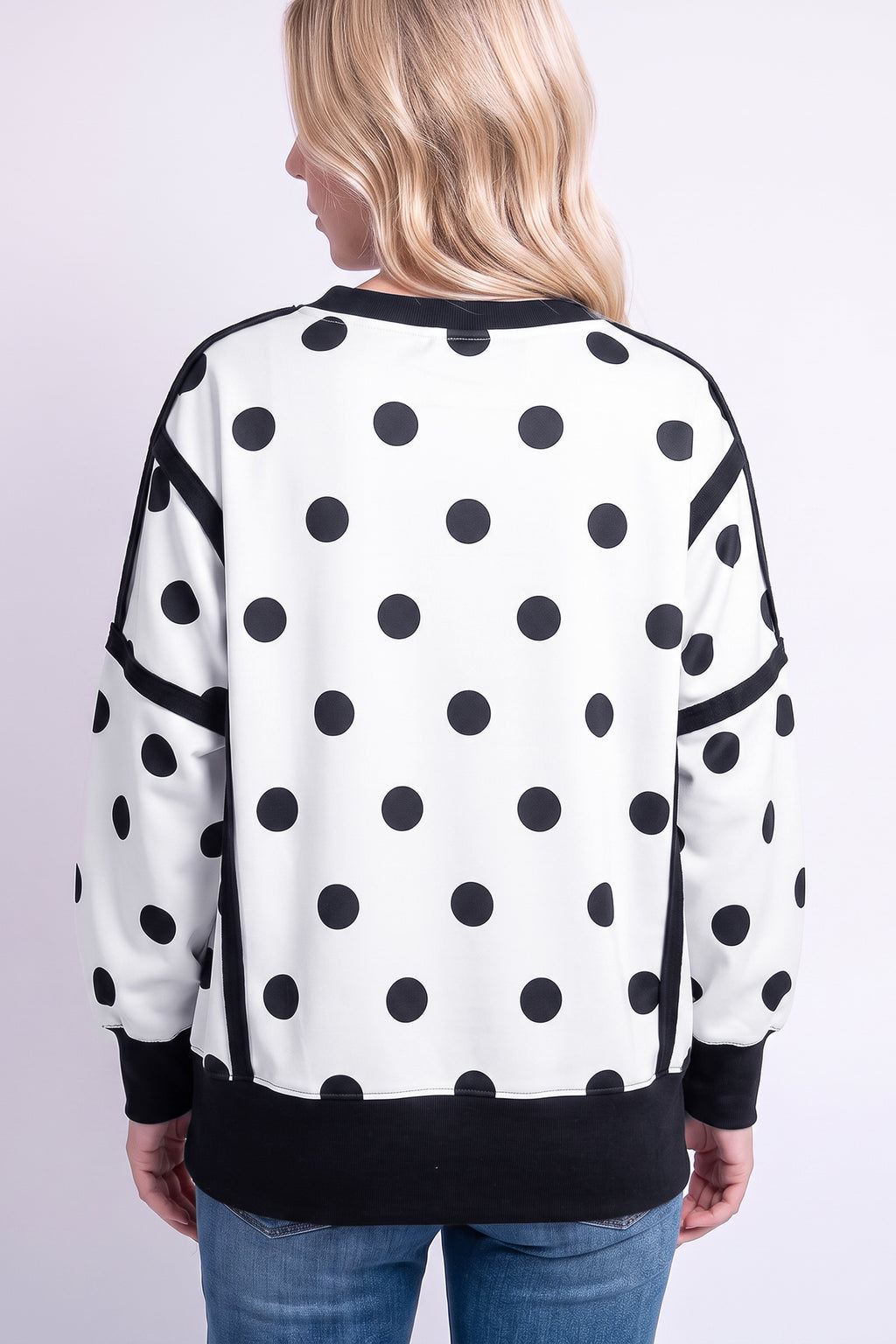 Sophie Jane White Polka Dot Contrast Patchwork Round Neck Baggy Sweatshirt