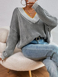 Hazel Blues® |  Striped V-Neck Long Sleeve Sweater