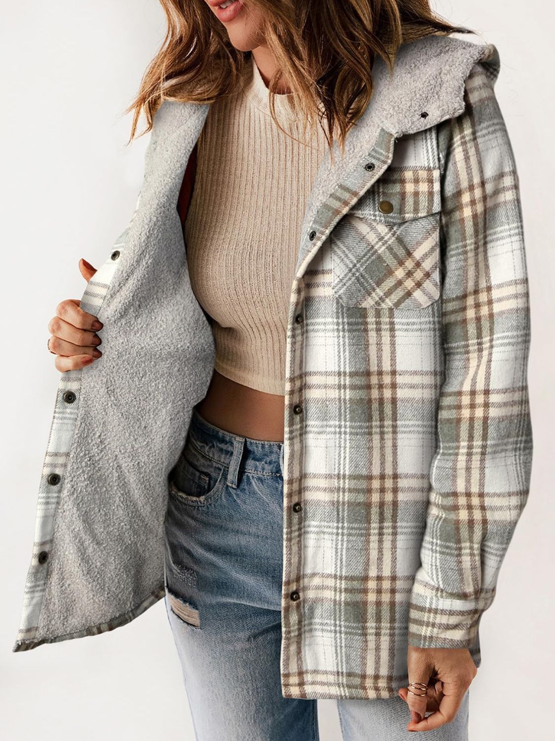 Hazel Blues® |  Plaid Snap Down Plush Hooded Jacket