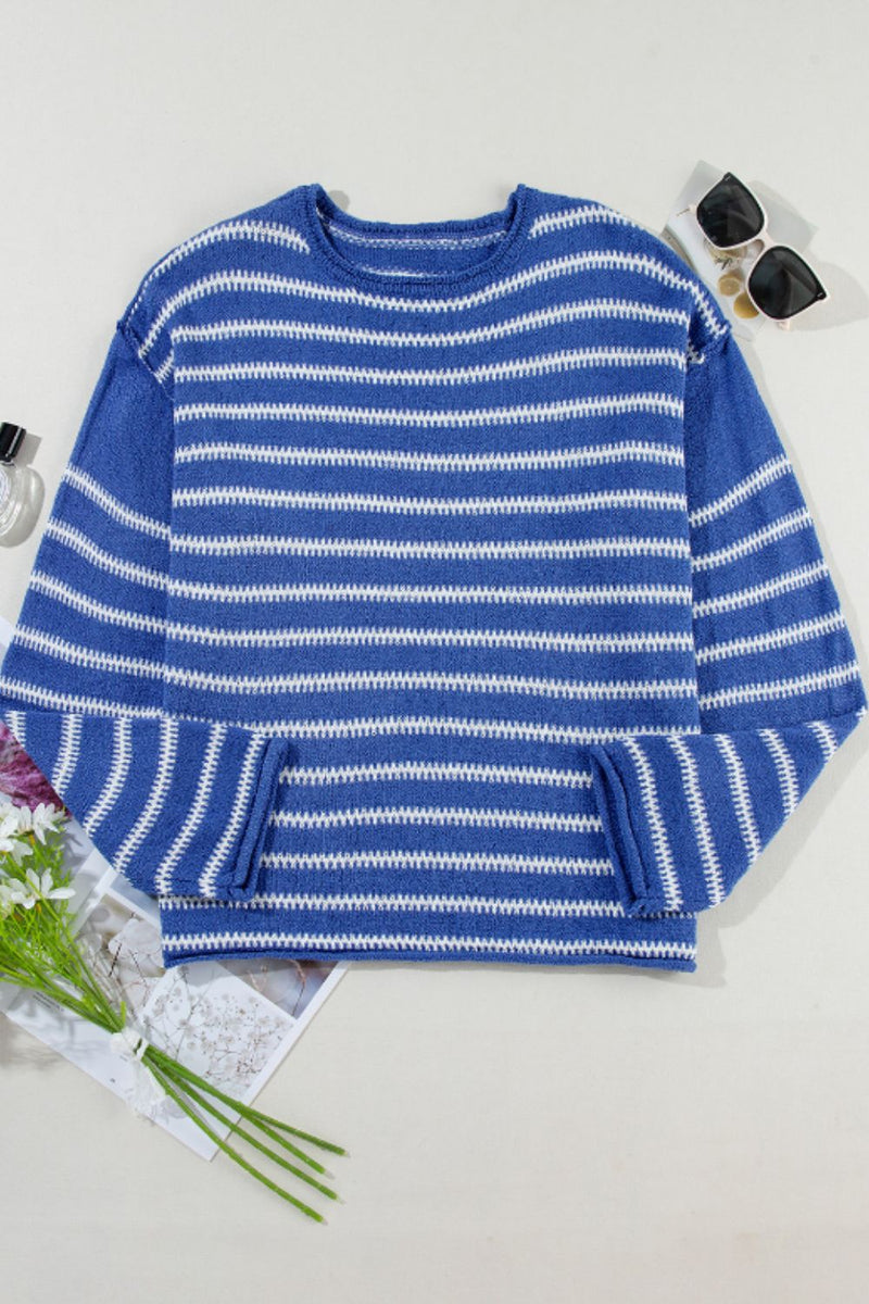 Hazel Blues® |  Striped Round Neck Dropped Shoulder Sweater