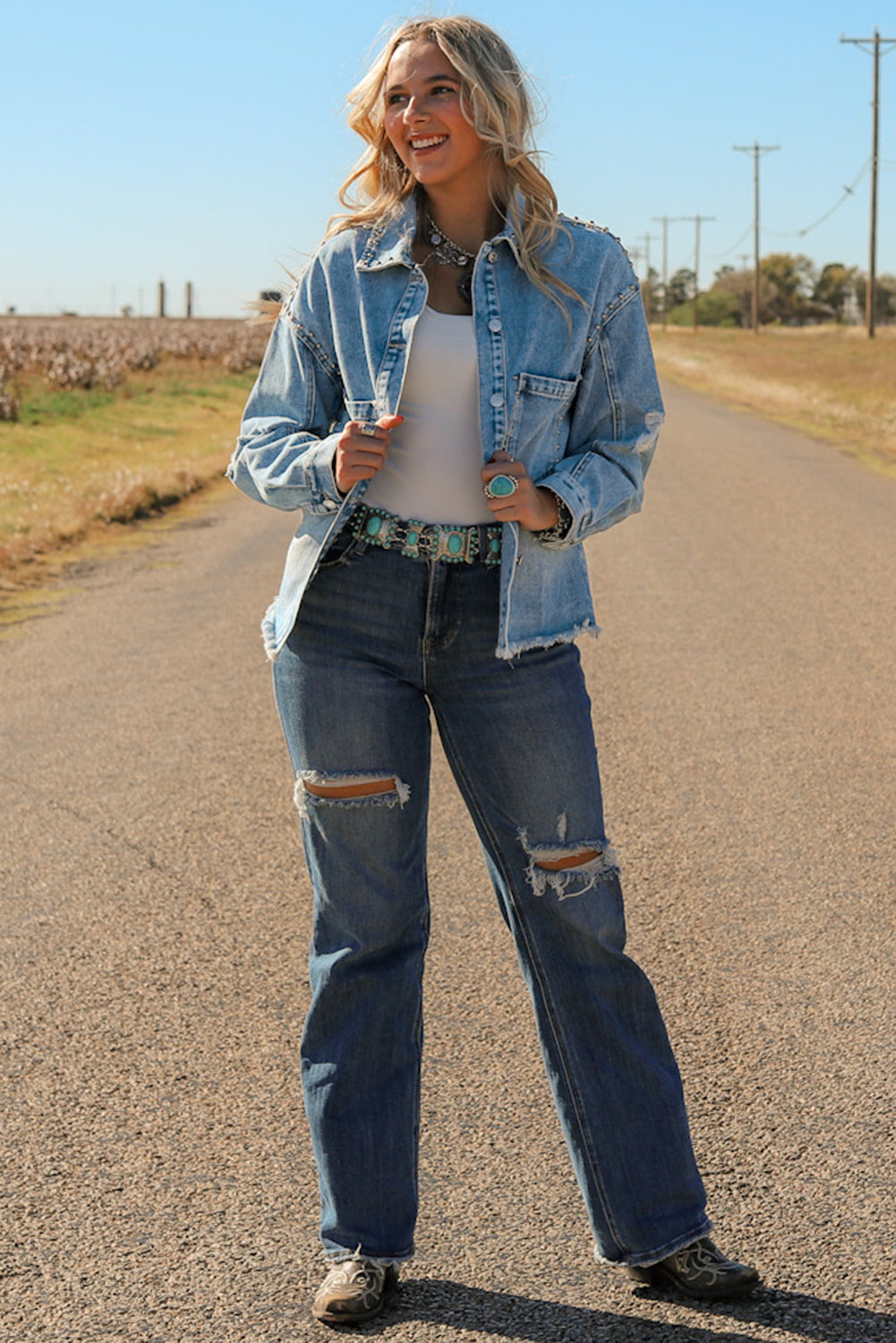 Hazel Blues® |  Studded Acid Wash Long Sleeve Denim Jacket