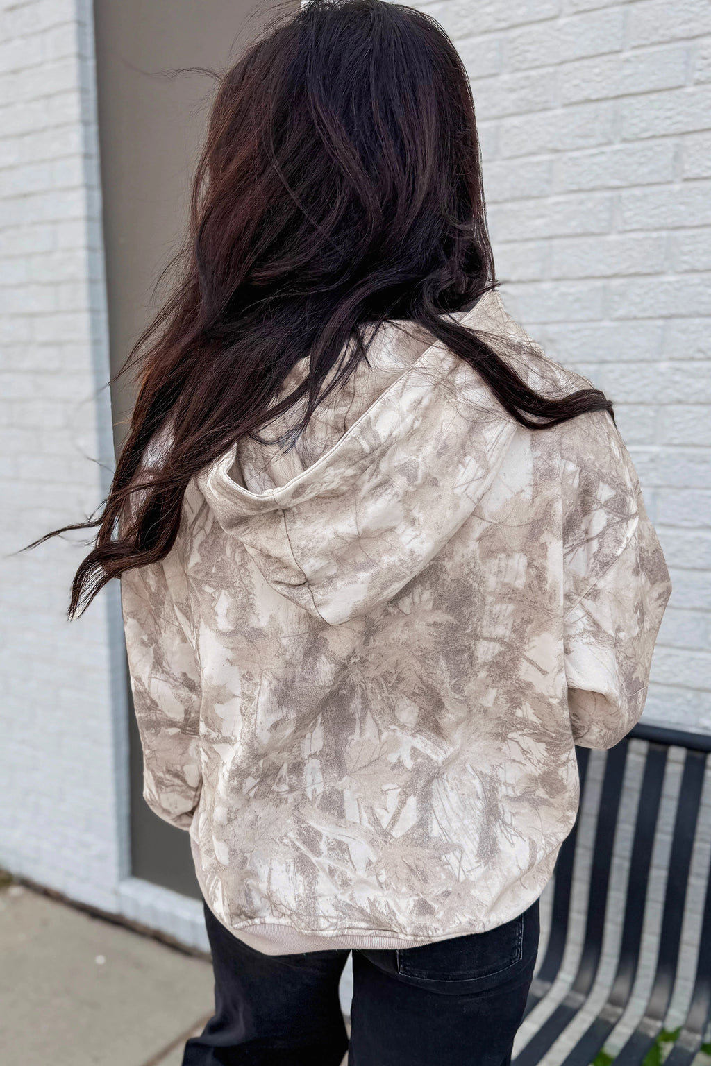 Gray Abstract Print Ribbed Cuffs Hem Long-Sleeve Hoodie