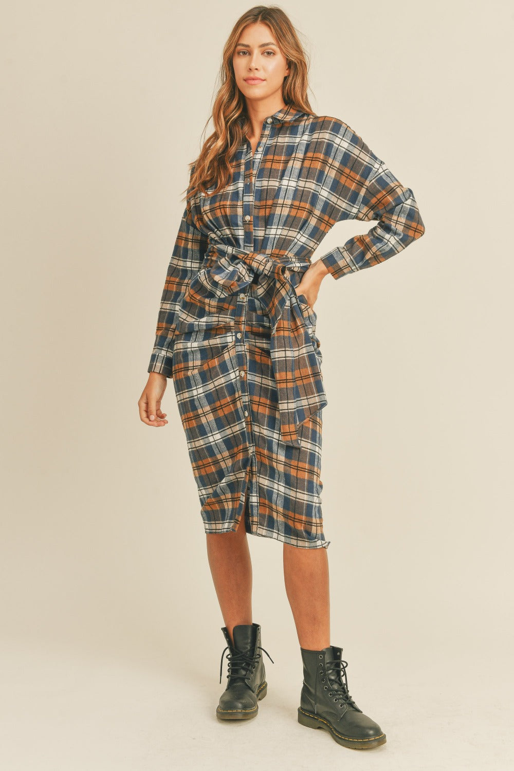 Hazel Blues® |  Mable Plaid Flannel Front Tie Button Down Shirt Dress