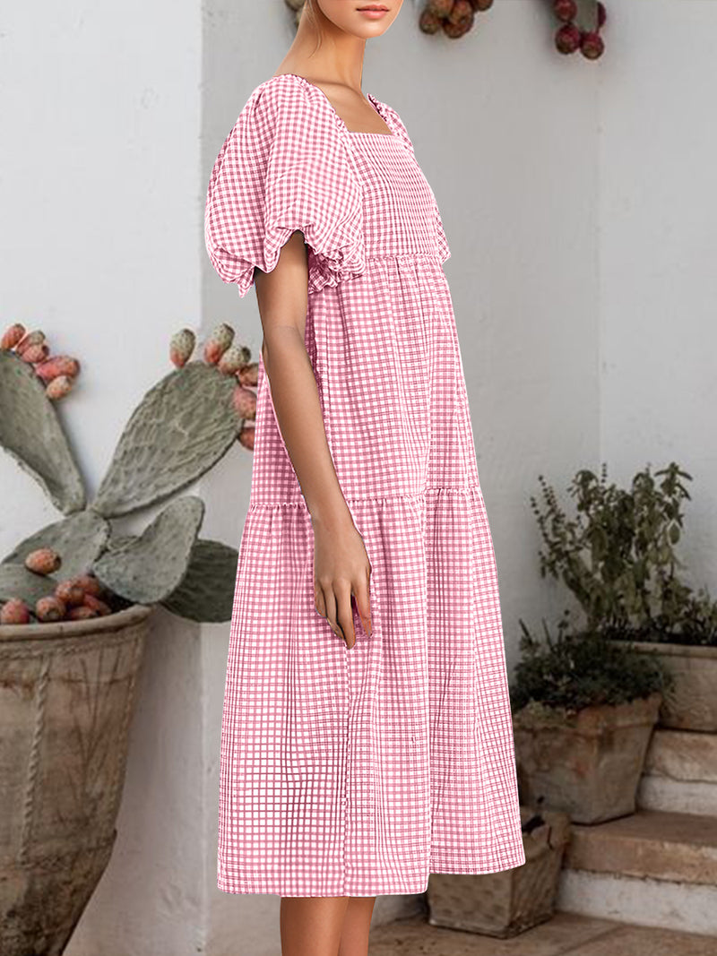 Plaid Square-Neck Short-Sleeve Dress
