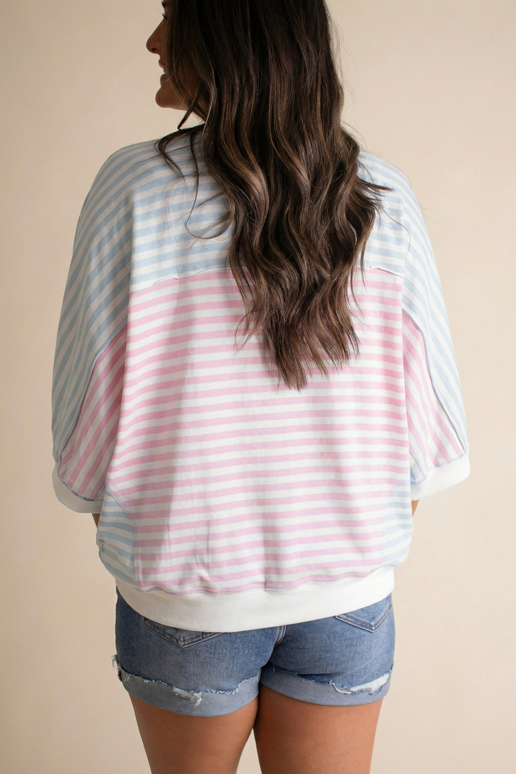 Casual Stripe Oversize Dolman-Sleeve Patchwork T-Shirt