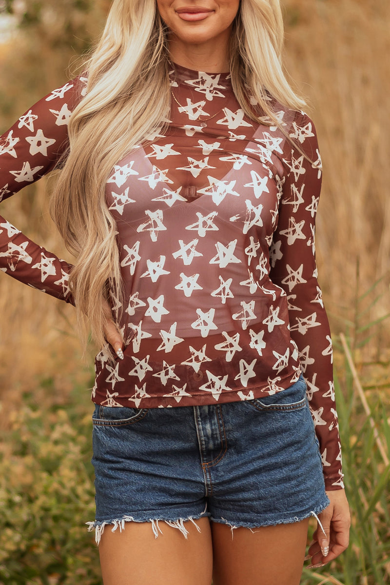 Hazel Blues® |  Red Mesh Star Print Mock Neck Sheath Long Sleeve Top