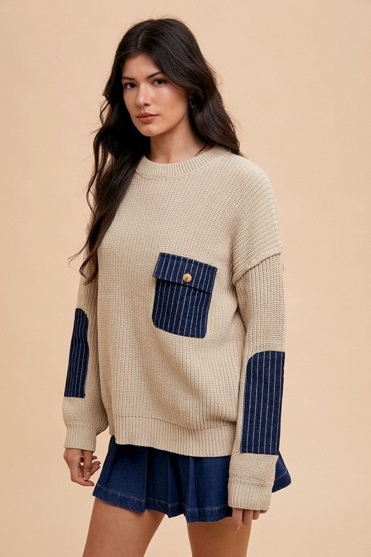 Hazel Blues® |  Annie Wear Contrast Round Neck Drop Shoulder Sweater with Patch Pocket