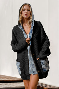 Hazel Blues® |  Double Take Hooded Denim Spliced Sweater Cardigan