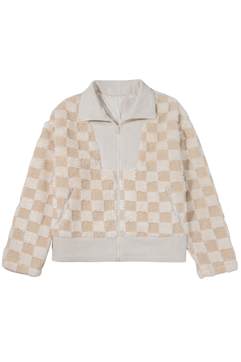 Hazel Blues® |  Khaki Checker Sherpa Corduroy Patchwork Zip up Collared Jacket