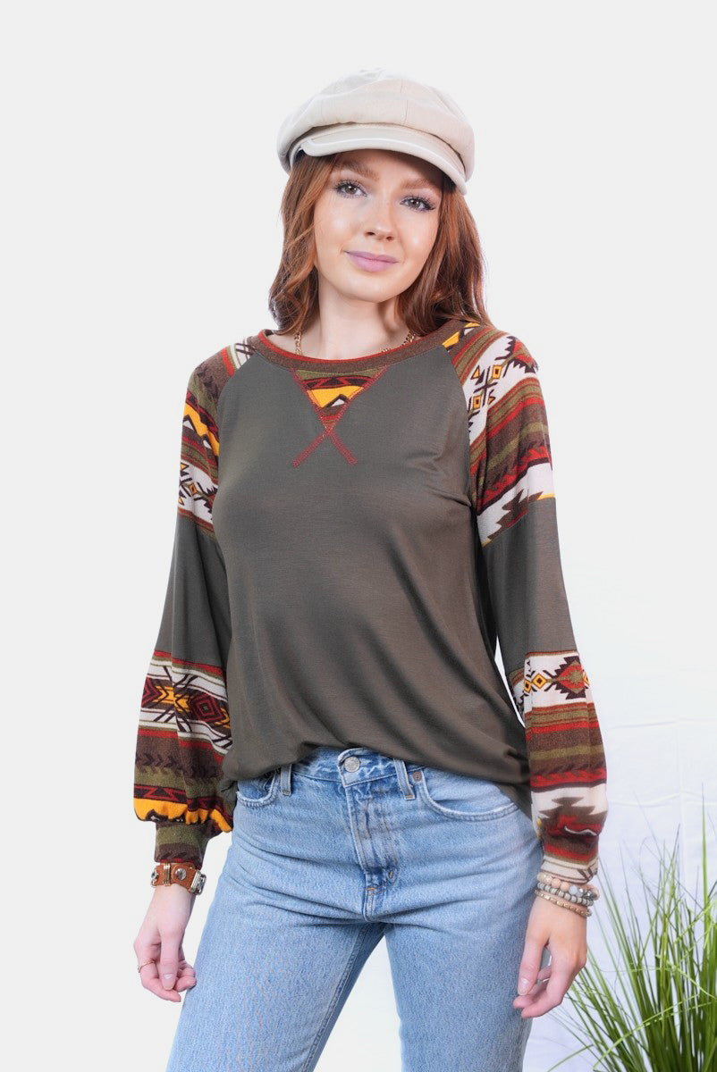 Hazel Blues® |  Celeste Geometric Round Neck Long Sleeve Top