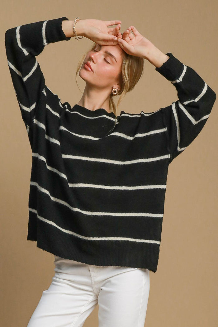 Hazel Blues® |  Umgee Wool Blend Striped Round Neck Sweater